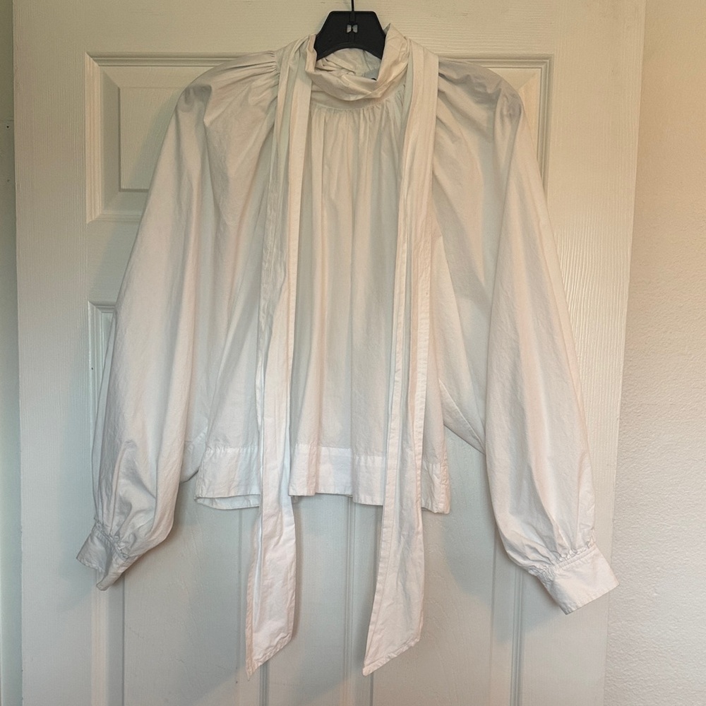 Ganni White Long-Sleeve Tie-Neck Blouse
